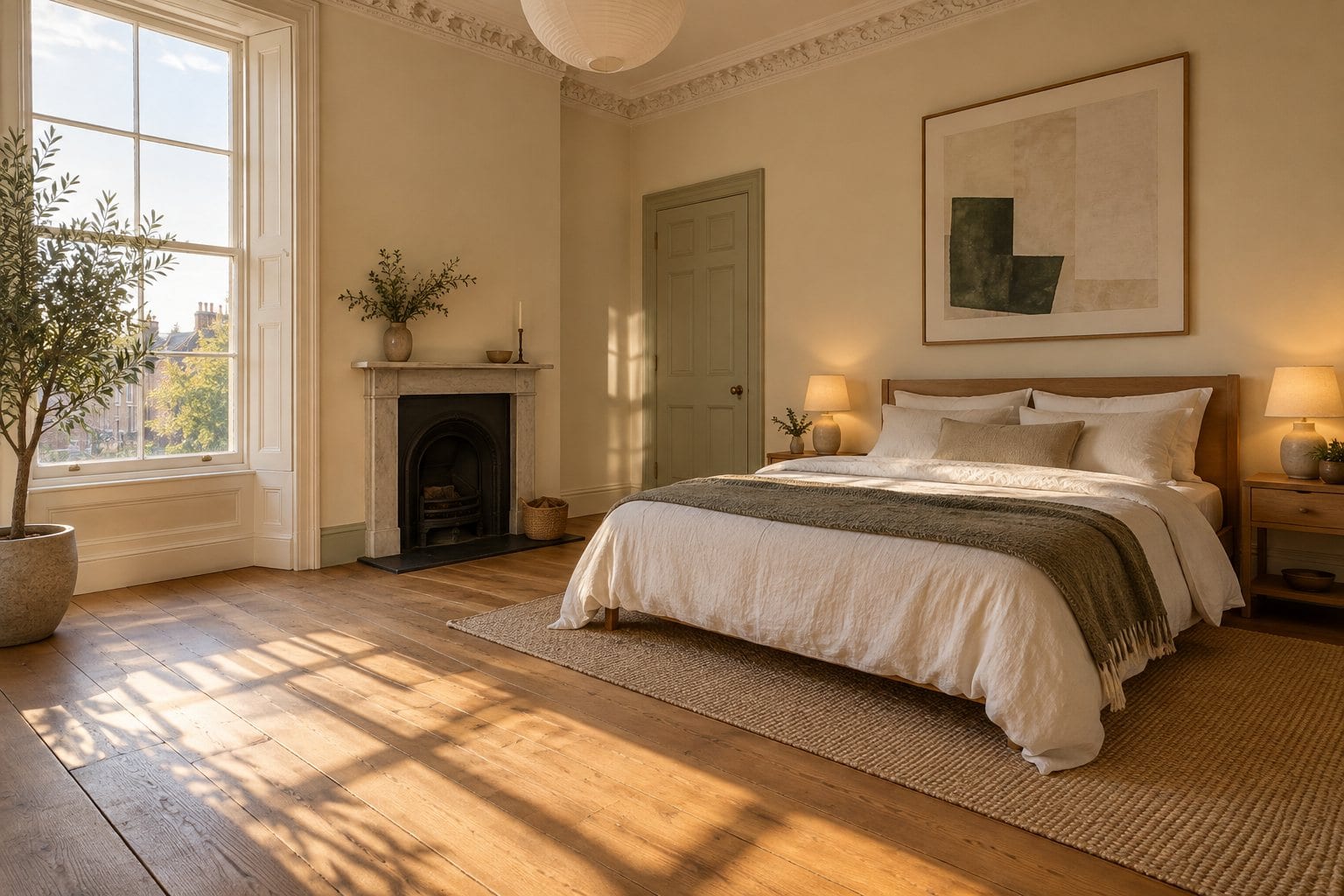 A furnished bedroom in low sun, with an oak bed in white linen, two bedside lamps, a large abstract print, a jute rug and an olive tree by the sash window