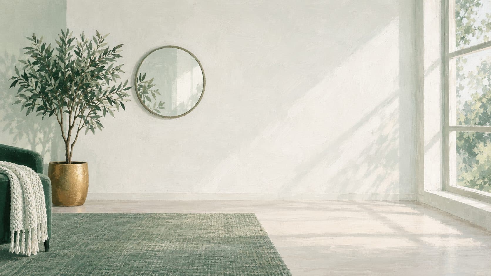 An illustration of a folded throw, a round mirror and a potted olive tree in an otherwise empty room