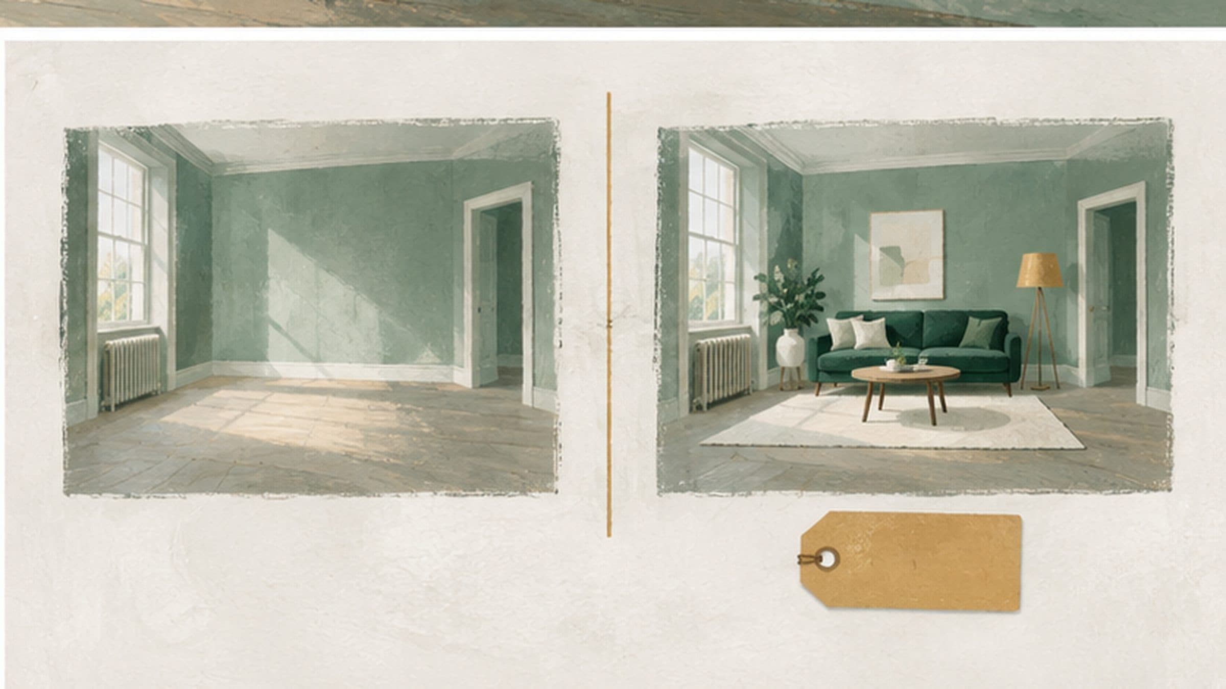 An illustration of an empty room and the same room furnished, shown as a pair of framed prints
