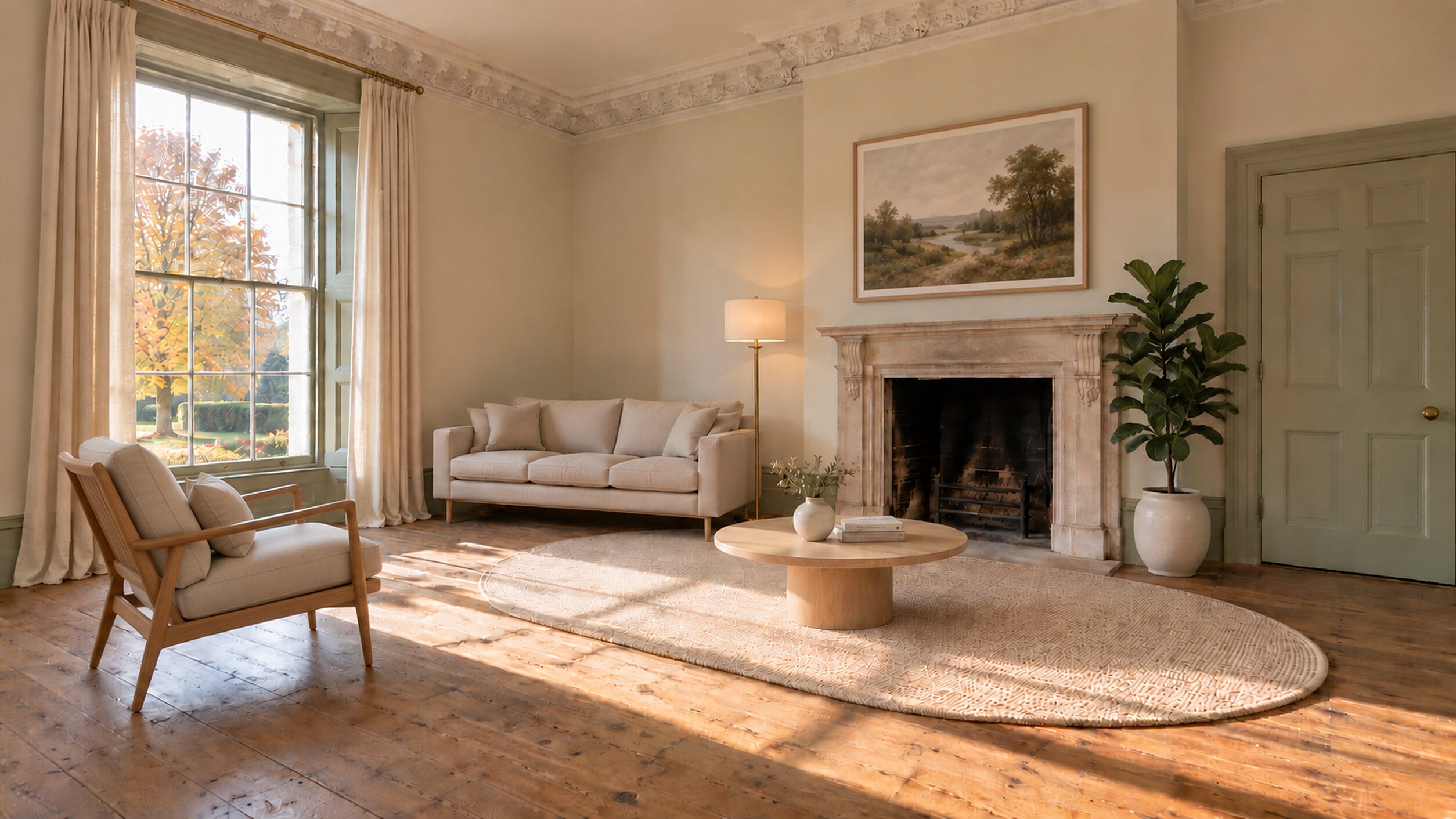 A period reception room furnished with a rug, sofa, coffee table, floor lamp, plant, curtains, an armchair and a framed landscape above the fireplace
